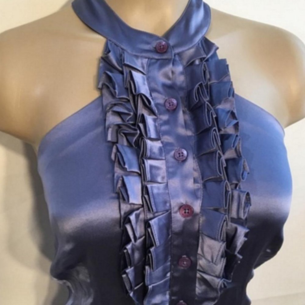 Bebe Silk Blue Tuxedo Ruffle Halter Top XS $59